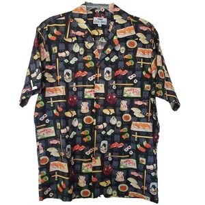 Locals Only Mens Sushi Print Camp Shirt Black Short Sleeve Button Down Size M